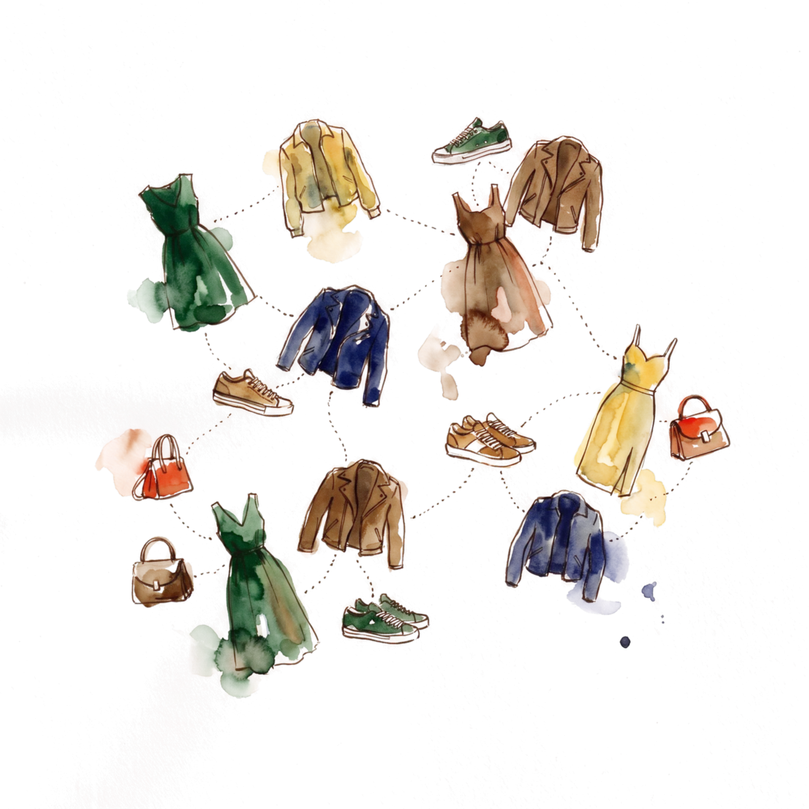 Watercolour sketch: small clothing items scattered like constellations, linked by dotted similarity lines.