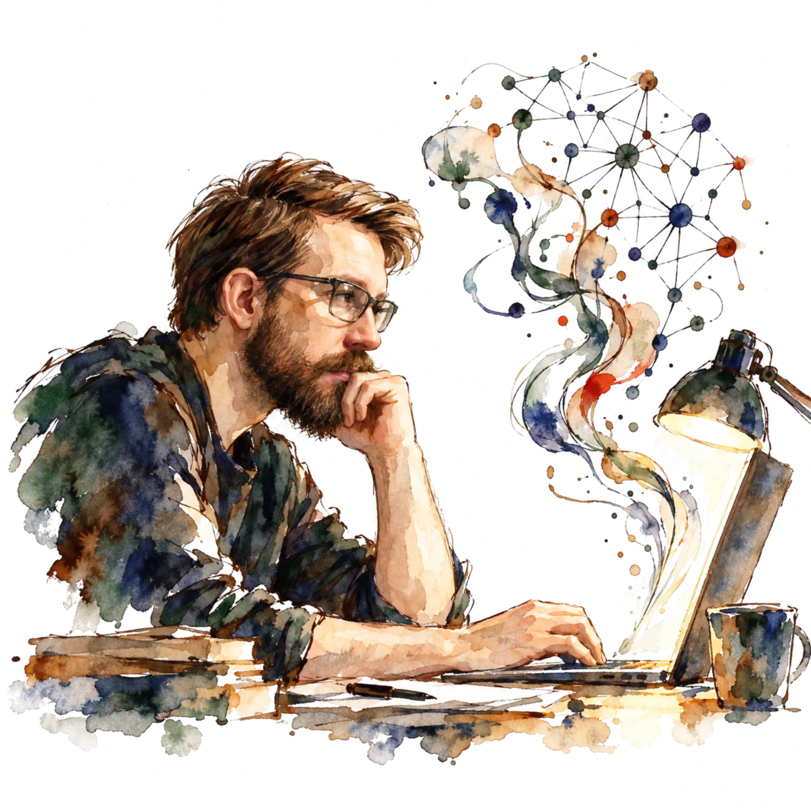 Watercolour sketch: Romain at a desk in the evening, streamlines rising from his laptop and turning into a neural network.